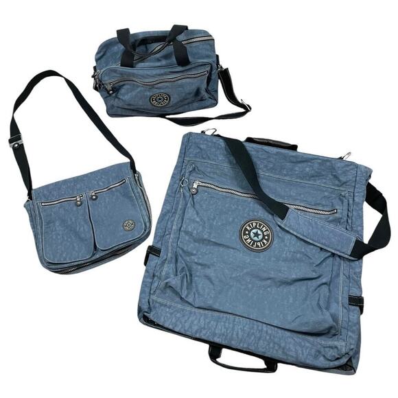 Kipling 3 Piece Travel Set Blue Garment Bag Messenger Bag Crossbody Tote Unisex - Picture 1 of 12